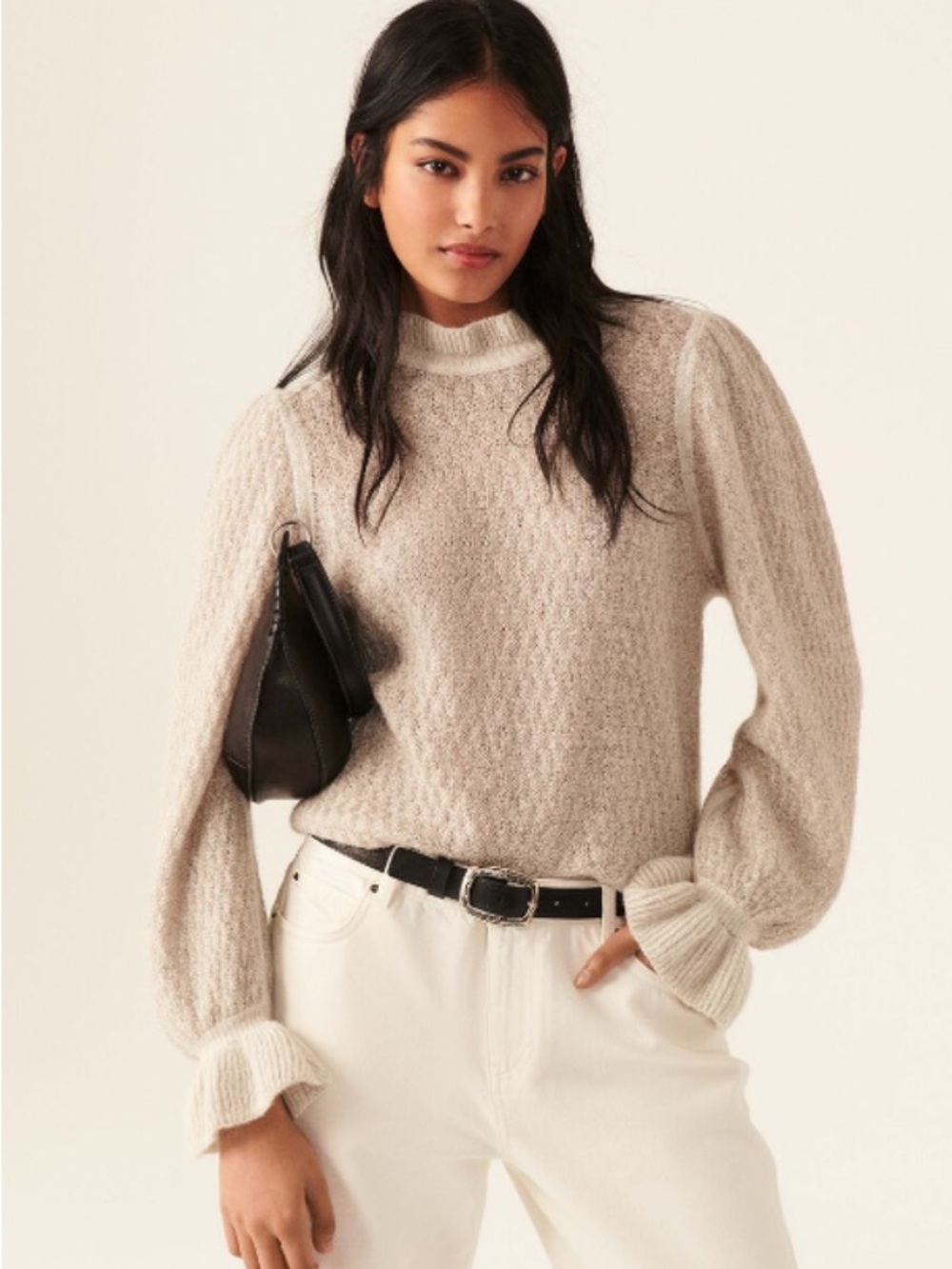 ba&sh Thor Cream Textured Balloon-Ruffle Sleeve Sweater
